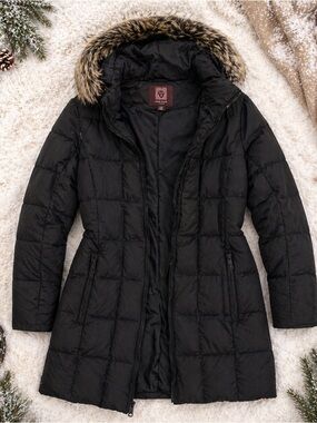 Anne Klein Black Quilted Puffer Coat Faux Fur Hood Womens Large Winter Jacket